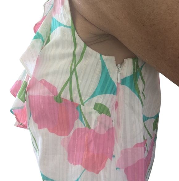 Lilly Pulitzer COTTON Ruffled Flirty Pink Green Floral Print Sleeveless Blouse S - Picture 3 of 15